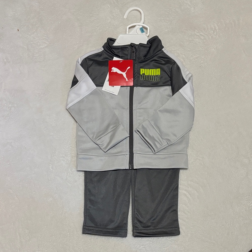 Puma Kids matching athletic track suit Set - Gray and Black with Lime Accents